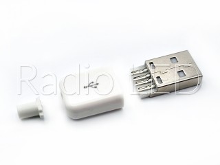 Разъем USB штекер USBA (плоский), для кабеля  (из 3-x деталей), белый USB-101