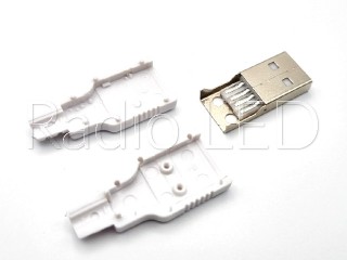 Разъем USB штекер USBA (плоский), для кабеля  (из 3-x деталей), белый USB-102